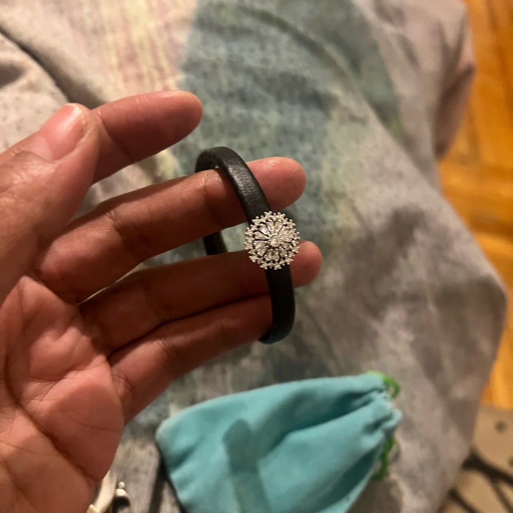 Black Leather Bracelet with Silver Crystal Flower Accent
